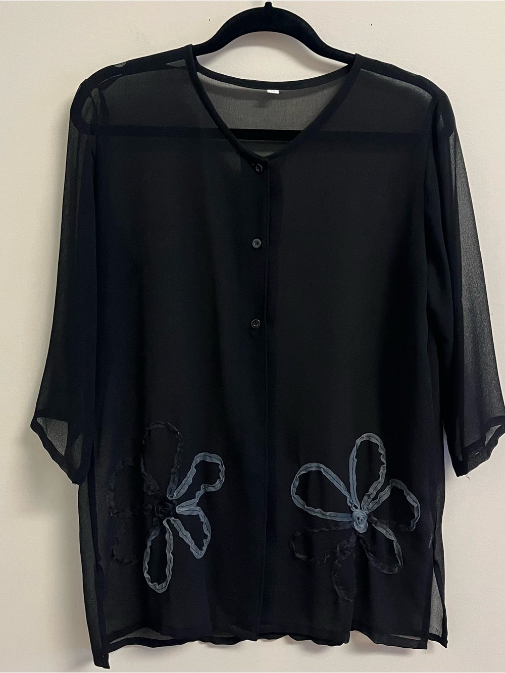 Womens Sheer Blouse Swimsuit Coverup Black with Ribbon Appliqués Boho Medium